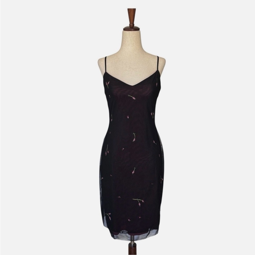 Vintage 90s Laundry Black Slip Mesh Dress Floral Rosebud Beaded Carrie Bradshaw